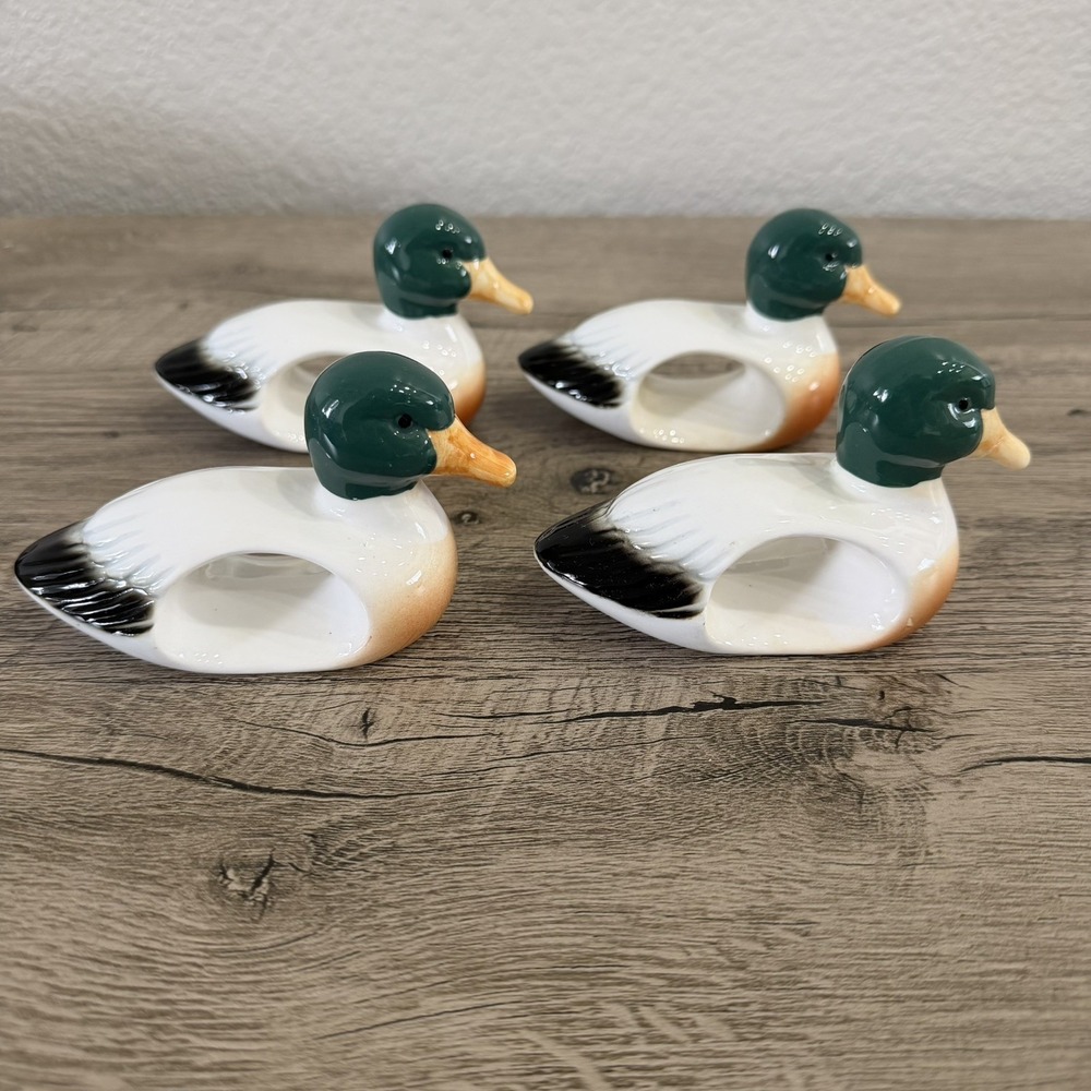 Set Of 4 Mallard Duck Napkin Rings Porcelain Dining Decor Vintage Hunting - Picture 3 of 12